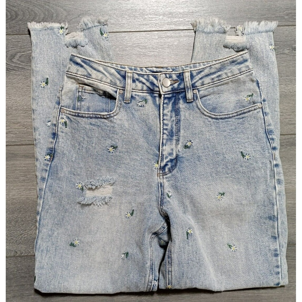 Material Girl Jeans Womens Junior 5 Daisy Embroidered Floral Denim Raw Hem Mom